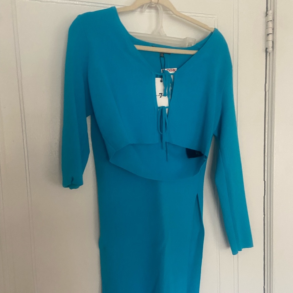 7 for all mankind 2 piece set, cobalt blue, bow ties, midi skirt slit